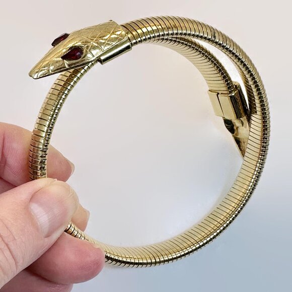 Snake Bracelet, Upper Arm, Gold Tone, Glass Eyes, Red, Vintage, Chunky, Unique - Picture 4 of 6